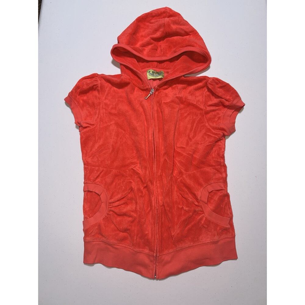 Y2K Vnt Juicy Couture Girls Large Cap sleeve Zip up Hoodie Terry Cloth Red/pink